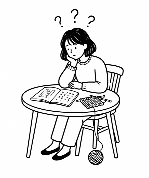 Puzzled knitter reviewing a pattern with question marks overhead