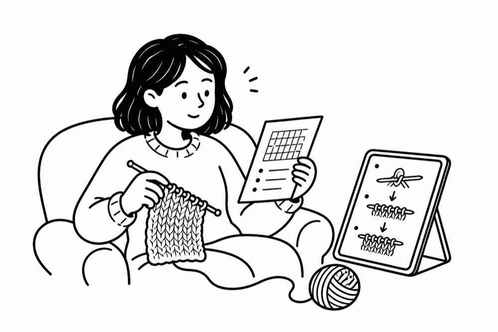 Illustration of a knitter following pattern guidance on a tablet