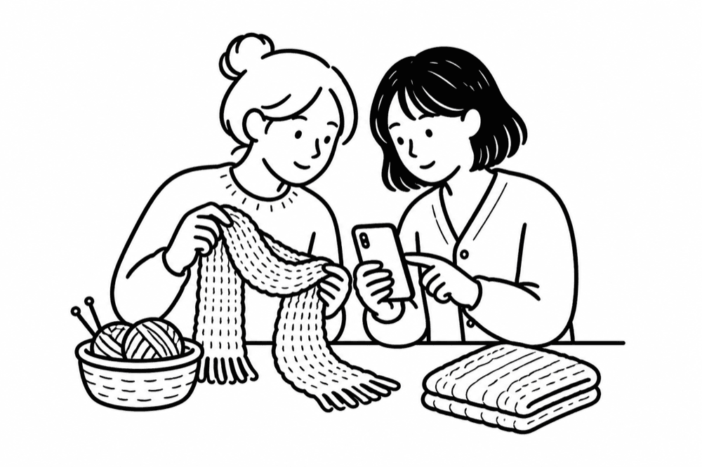 Illustration of two knitters sharing a scarf and project notes