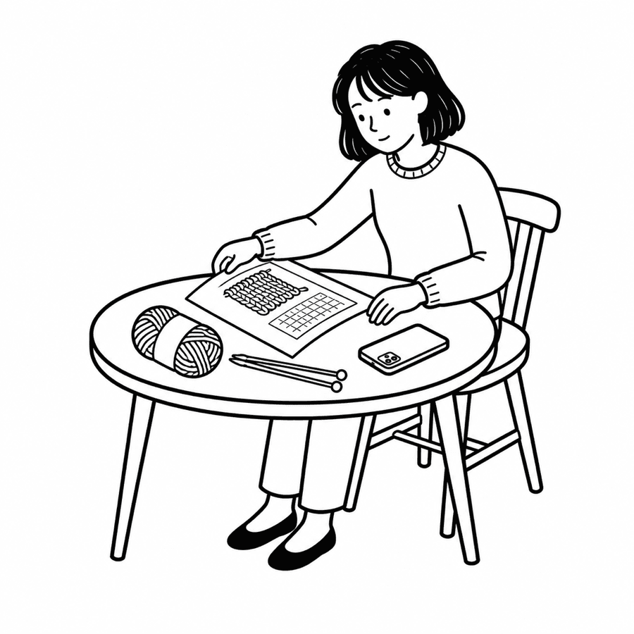 Knitter arranging a pattern, yarn, needles, and phone for a new project