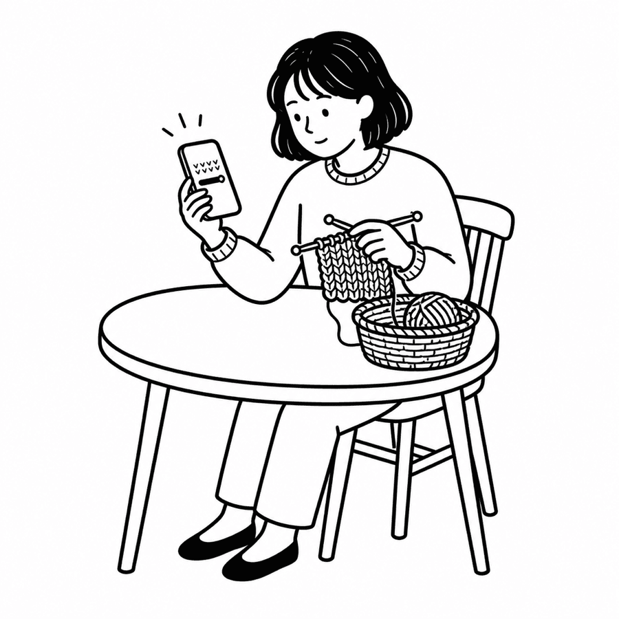 Knitter checking a saved row and confidently returning to a project