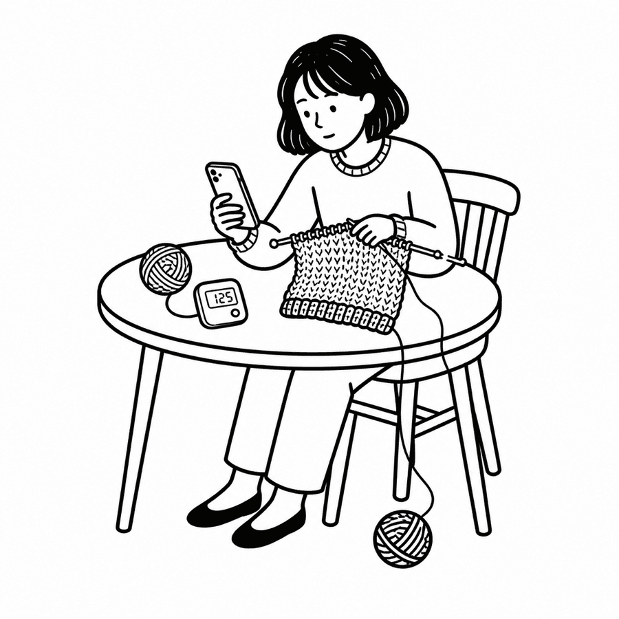 Knitter recording progress on a phone while working on a project