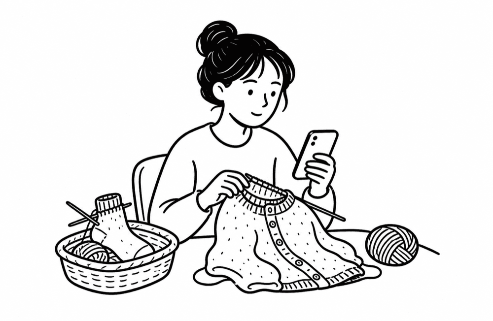Illustration of a knitter switching between a cardigan and sock project